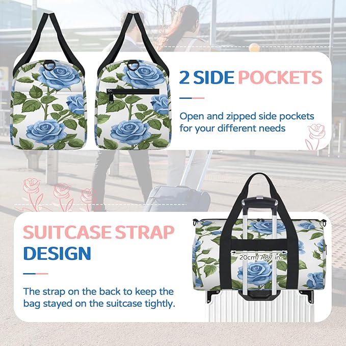 Blue Roses Travel Duffle Bag for Women Men, Overnight Weekender Bag, Carry on Tote for Sport Gym