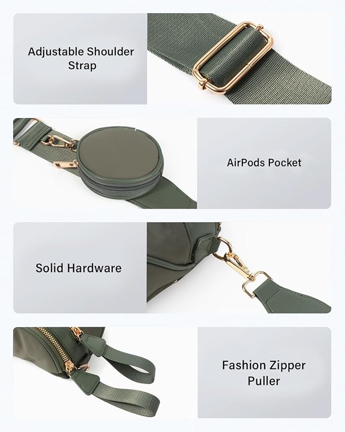 Spacious Nylon Crossbody Bags for Women Spacious Bum Bags for Women Crossbody Large Fanny Pack for Men with Removable Wallets Purse Belt Pouch (Bean Green)