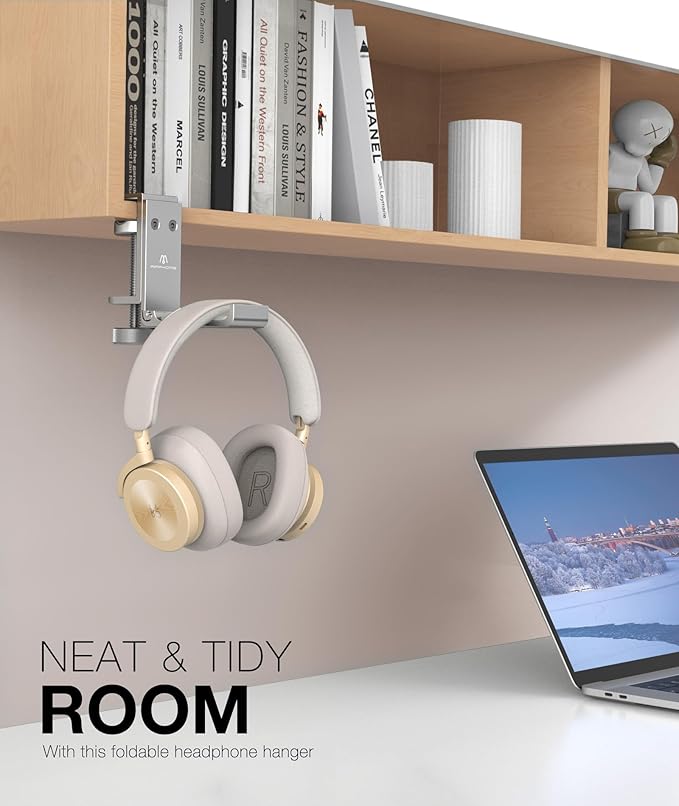 Foldable Headphone Stand and Hook – Aluminum Headset Holder Clamp Mount Under Desk, Universal Fit for Gaming Headphones, Space-Saving Hanger Organizer