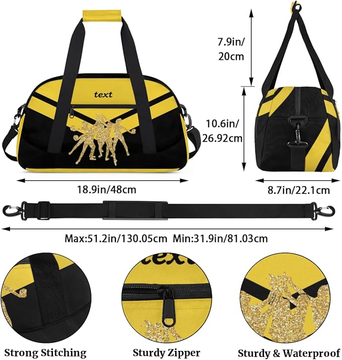 Custom Name Black Yellow Cheerleading Gym Travel Duffle Bag with Front Zipper Pocket Personalizedfor Sports Bag for Overnight, Weekender, Carry On,Workout & Dance, 18.9 * 8.7 * 10.6 in