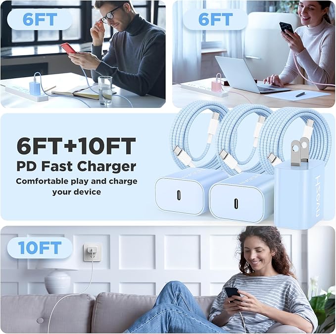 Fast Charging for iPhone 15 16 Pro Max Charger Colorful, 3Pack 20W USB C Fast Chargers Block with 6/6/10ft Long USB C to C Braided Cable Compatible with iPhone 16/15 Pro/15 Plus/iPad Pro 13/12.9,Blue
