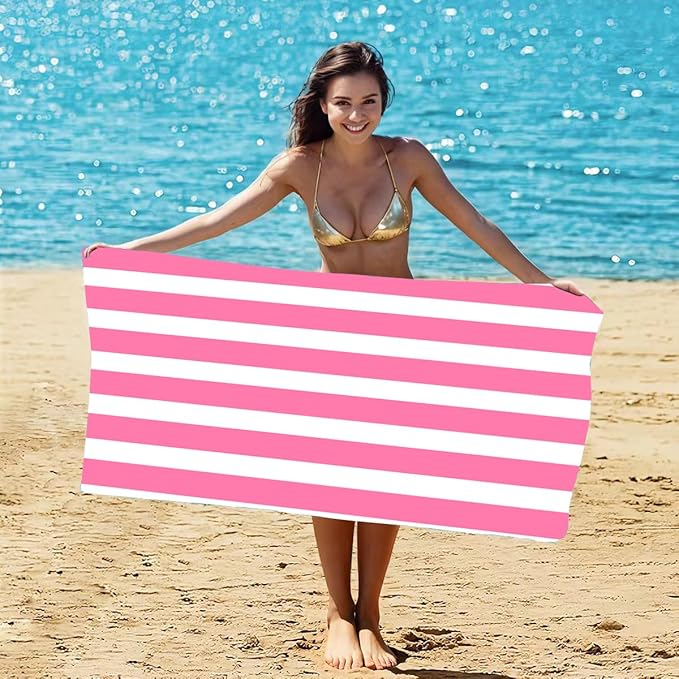 Microfiber Beach Towel Quick Dry Travel Beach Towel 35 x 71 inch Thin Sand Free Beach Towel Oversized Personalized Beach Towels Extra Large Compact Sandproof Pink Striped Beach Towels Clearance