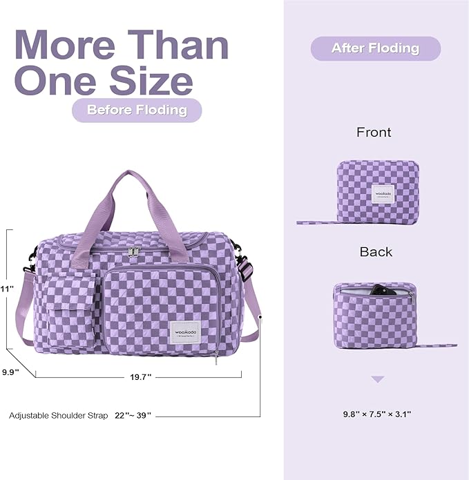 WOOMADA Foldable Travel Duffel Bag with Shoes Compartment, Overnight Bag with Wet Pocket & Trolley Sleeve, Weekender Bags for Women (violet checkerboard)