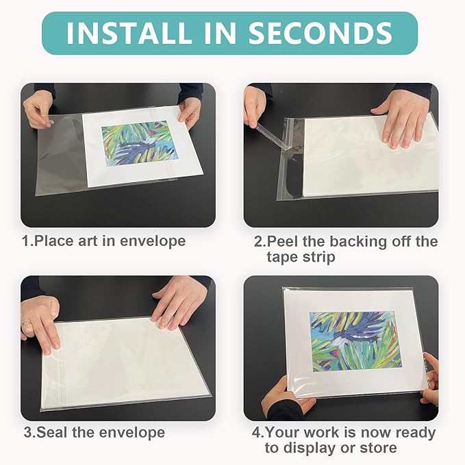 Acid-Free Picture Sleeves, 100Pack Crystal Clear Storage Bags for 12x12 Art Prints, Pictures, Photos, Frame Mats (Bag Size: 12 3/8" x 12 3/8")