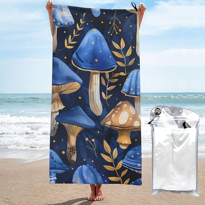 Blue Mushroomsand Sand Free Beach Towel – 27.5"X55" Quick Dry Microfiber Beach Towels for Travel, Swimming, Pool, and Camping, Absorbent and Compact Beach Essential for Women, and Men