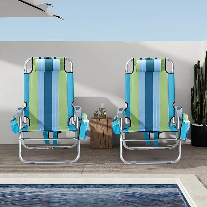 VINGLI Backpack Beach Chair 2 Pack, with 5-Position, Cup Holders, Cooler Bag, Towel Bar, Lightweight Folding Beach Camping Chairs for Adults（Blue/Green-13