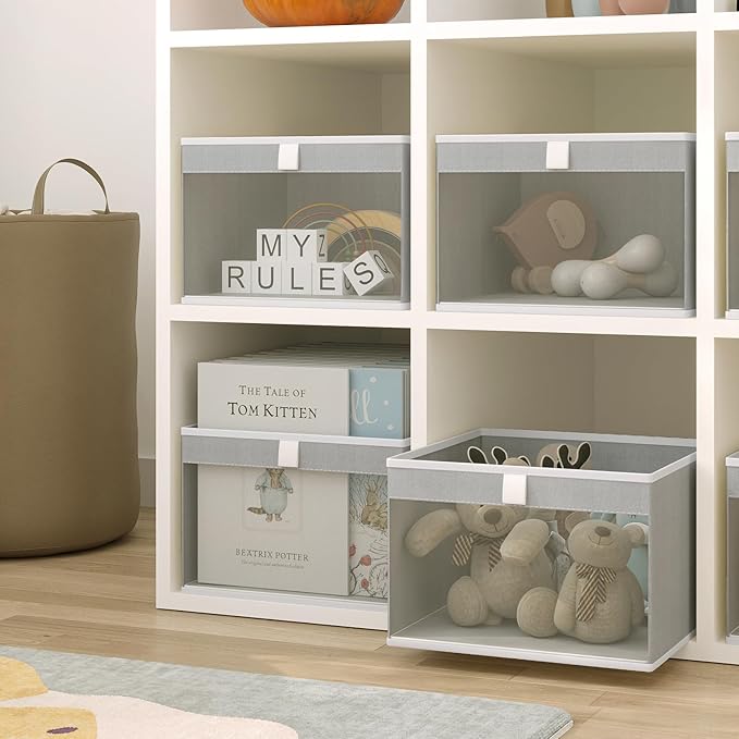 Linen Closet Organizers and Storage, Closet Storage Bins Basket Organizer, Foldable Organization Baskets with Mesh Window for Clothes Towels and Toys, 14.5" x 14.5" x 10.25", Gray, 4 pack