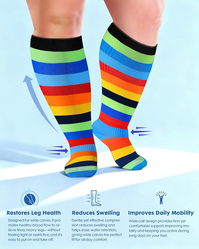 Wide Calf Compression Socks for Women - 3-Pair Plus Size 20-30mmHg Ankle Support Easy on off Socks for Travel Nurse