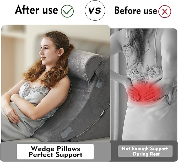 4pcs Orthopedic Bed Wedge Pillow Set Post Surgery Relaxing Back Adjustable Head Support Cushion Triangle Memory Foam Pillow for Acid Reflux Sleeping Reading Leg Elevation Snoring (Light Grey, 4PCS)