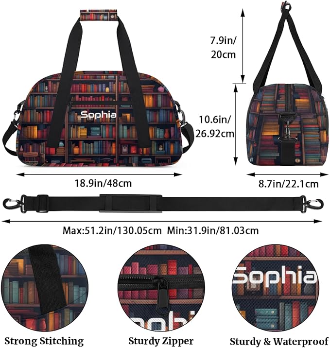 Custom Name Boys Girls Gym Travel Duffle Bag with Front Zipper Pocket Personalized Sports Bag for Overnight, Weekender, Carry On,Workout & Dance, 18.9 * 8.7 * 10.6 in,Book