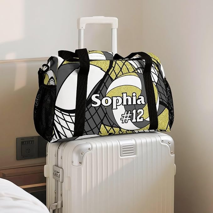 Custom Volleyball Grey Gold Duffel Bag with Name Personalized Travel Bags Sport Gym Bag Carry On Weekender Bags for Men Women