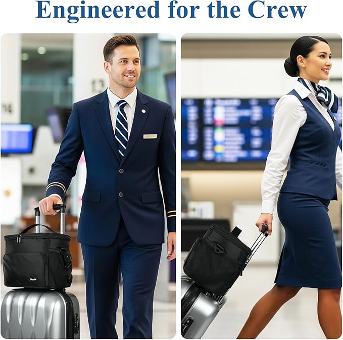 Gloppie Flight Crew Lunch Bag with Luggage Trolley Sleeve - Professional Insulated Cooler Bag for Flight Attendants & Pilots, Leakproof Lunch Box with Reinforced Structure for Travel & Work, Black