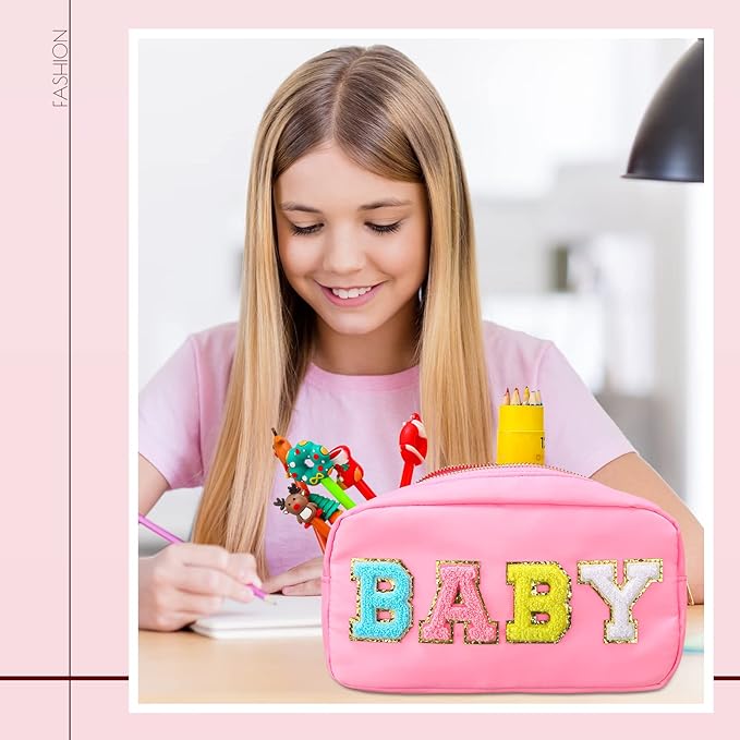 Sanwuta 2 Pieces Mama Gifts Makeup Bag Mom Pouch Birthday Gifts Nylon Cosmetic Bag Mothers Day Appreciation Toiletry Preppy Patch Chenille Letter for Women Her New Mom(Purple, Pink,Baby and Mama)