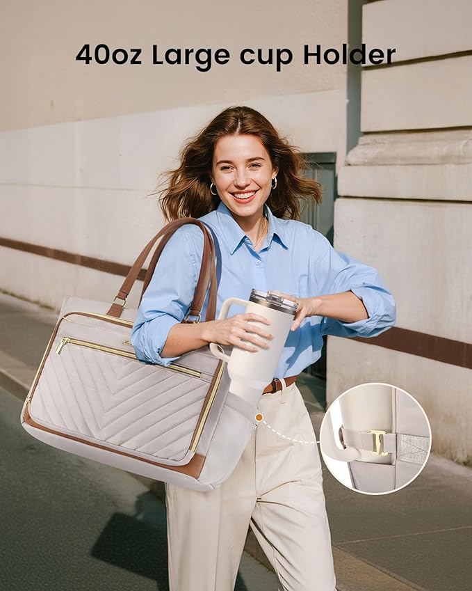LOVEVOOK 17 Inch Laptop Teacher Tote Bag for Women, Work Nurse Bag with Large Cup Holder, Quilted Diaper Bag for Travel, Computer Women's handbags for Teacher gift, Apricot-brown