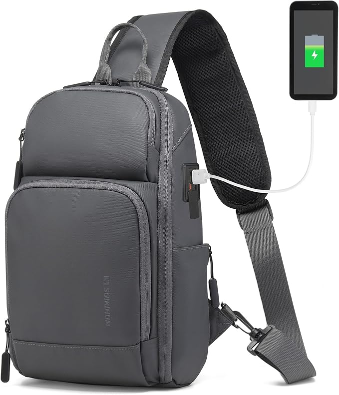 Men's Sling Bag, Convertible Anti Theft Sling Backpack, 11" One Shoulder Crossbody Backpack with USB Charging Port for Working Travel Daily, Dark Grey
