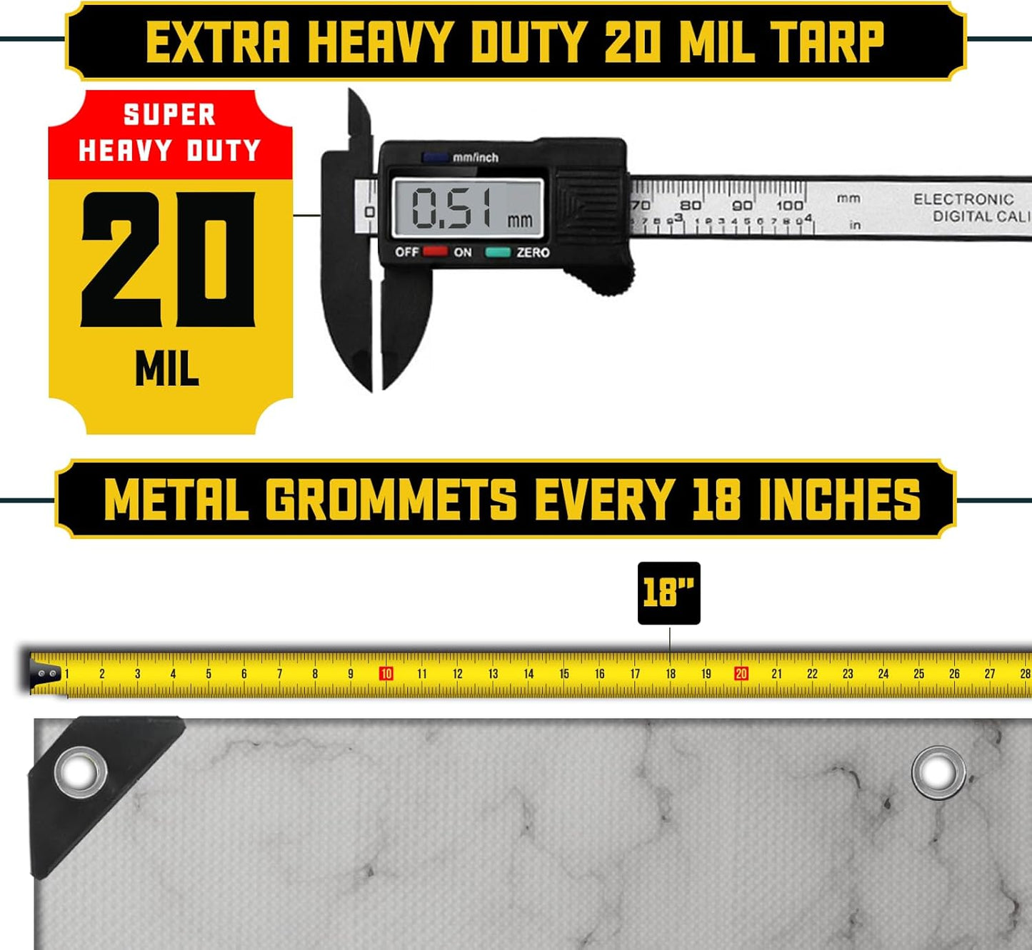 Core Tarps Extreme Heavy Duty 20 Mil Tarp Cover, Waterproof, UV Resistant, Rip and Tear Proof, Poly Tarpaulin with Reinforced Edges for Roof, Camping, Patio, Pool, Boat (Marble/White 20′ X 35′)