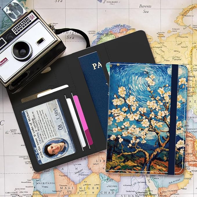 PU Leather Passport Holder Cover 5.9×4.3 Inch with Credit Card Slot and Boarding Pass Slot Combo Blocking Passport Holder Wallet Cover Case for Travel Boarding Essentials (Blossom)