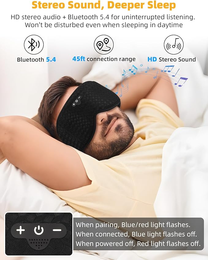 3D Contoured Sleep Mask with Bluetooth Headphones, Adjustable Blackout Sleeping Mask, Easy Installation Sleeping Headphones with Ultra-Thin Stereo Speakers for Men, Women - Gray