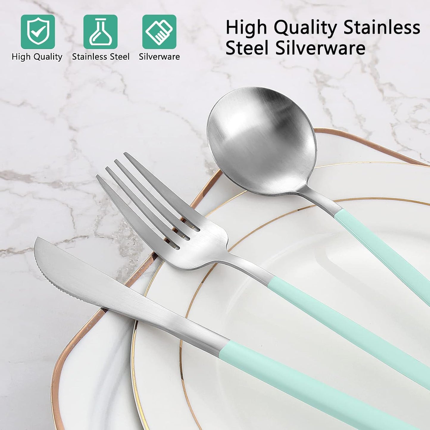 Matte Green Silver Silverware Set, 20-Piece Stainless Steel Flatware Set, Satin Finish tableware Cutlery Set, Service for 4, Home and Restaurant, Dishwasher Safe