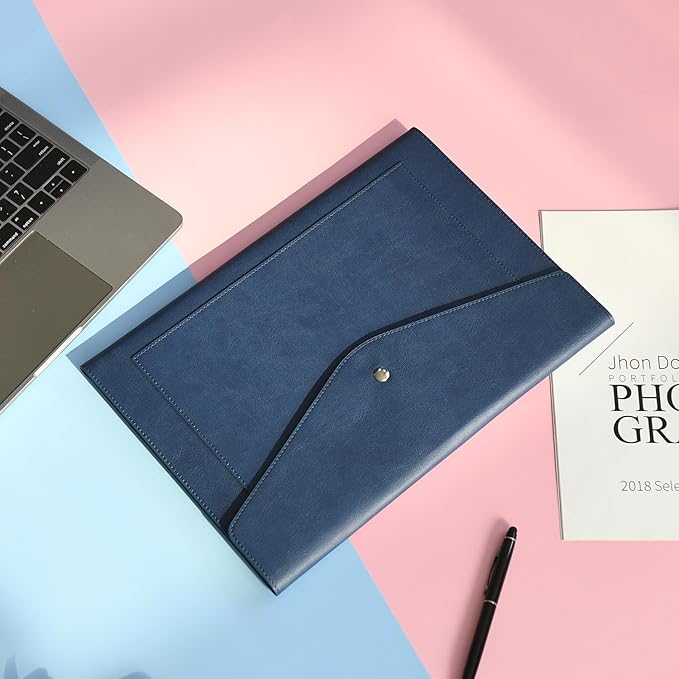 Wason Expanding A4 Document File PU Leather Envelope Case Holder-Large Size Pockets for Paper Bills Stationery Tablet and PC, Work Study Traveling (Dark Blue)