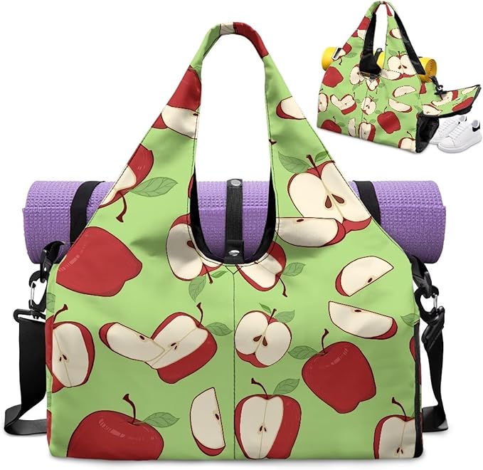 Apple Print Gym Bag that Holds Yoga Mat for Women Portable Green Duffel Bag with Pockets, Workout Bag with Shoe Compartment, Fitness Workout Sports Bag