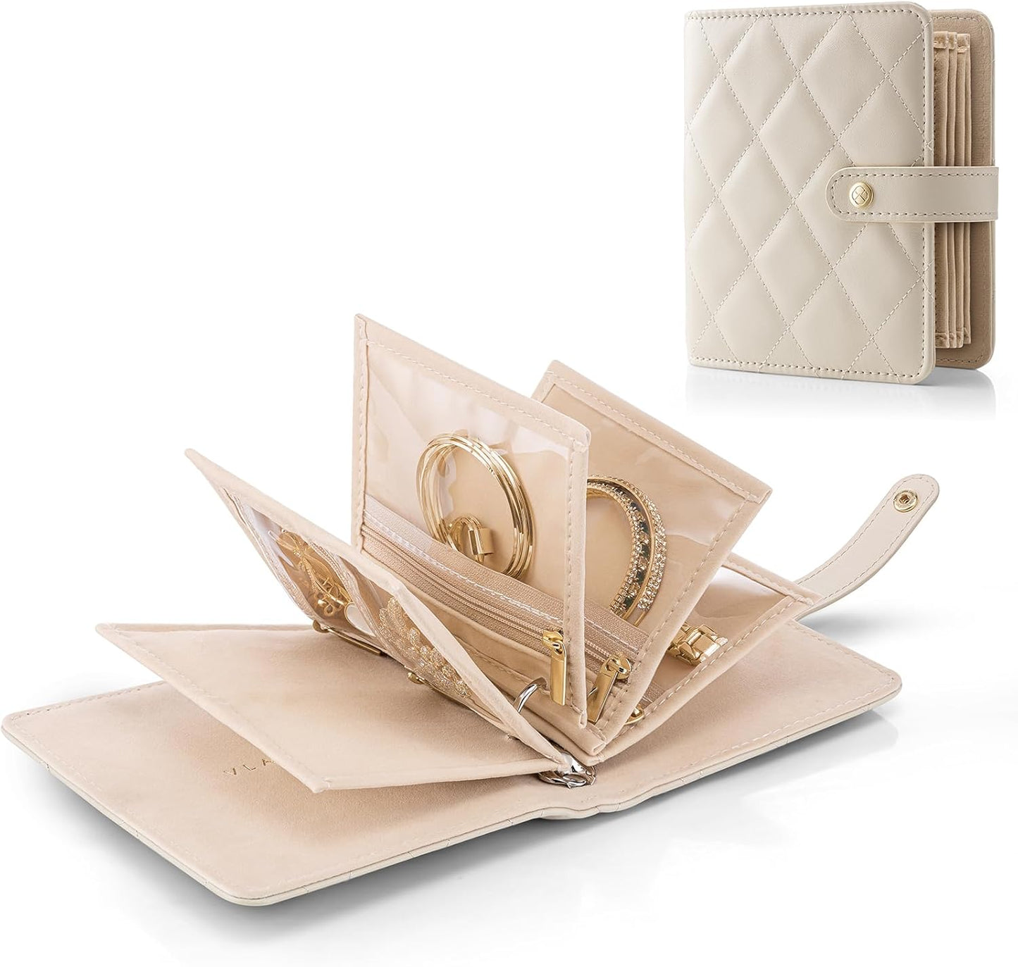 Vlando Travel Jewelry Organizer Case,Mothers Day Gifts for Her,Portable Jewelry Organizers Storage Book with Clear Zipper Velvet Jewelry Pouch Bag for Travel Essentials,Ring,Earring-Cream White