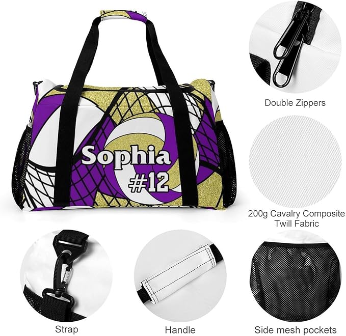 Custom Volleyball Purple Gold Duffel Bag with Name Personalized Travel Bags Sport Gym Bag Carry On Weekender Bags for Men Women
