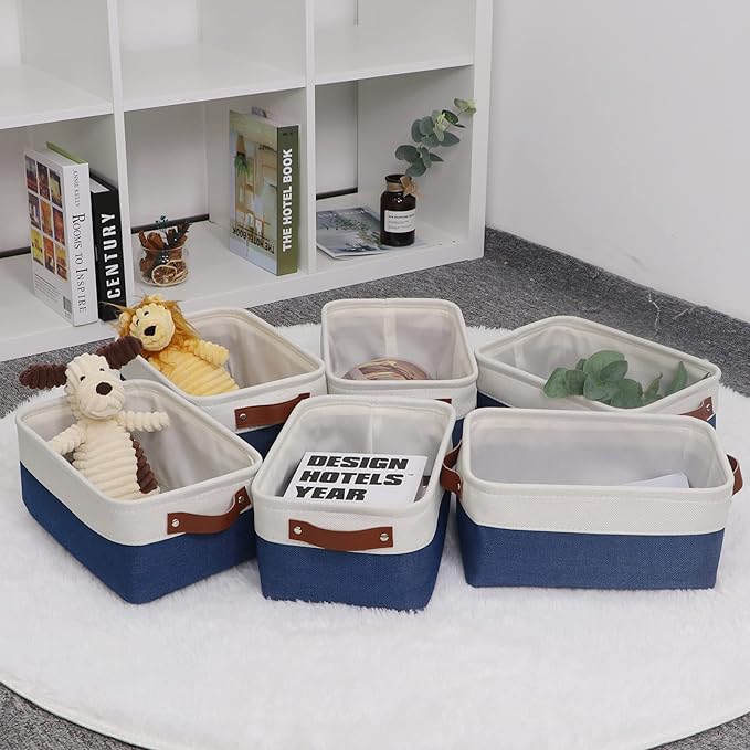 HNZIGE Small Baskets for Storage(6 Pack) Fabric Storage Baskets for Shelves, Foldable Storage Basket for Organizing Closets, Laundry, Nursery, Baskets for Gifts Empty (White&Blue, 11.8" x 7.8" x 5.1")