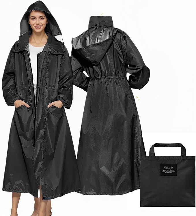 LAMA Womens Long Raincoats Rain Jacket Waterproof Packable Hooded Windbreaker Lightweight Adjustable Waist for Outdoor