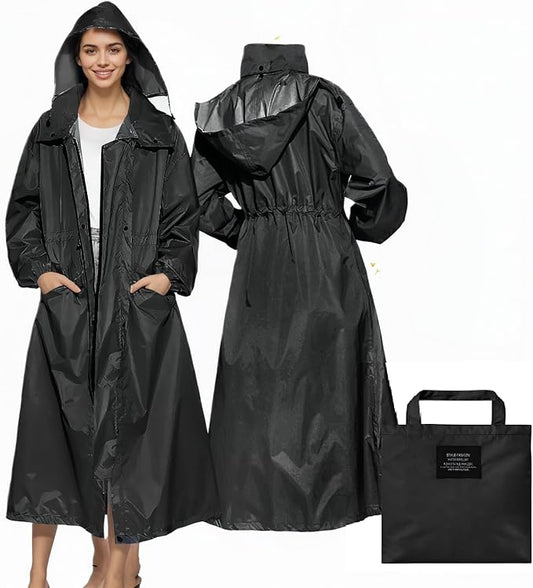 LAMA Womens Long Raincoats Rain Jacket Waterproof Packable Hooded Windbreaker Lightweight Adjustable Waist for Outdoor