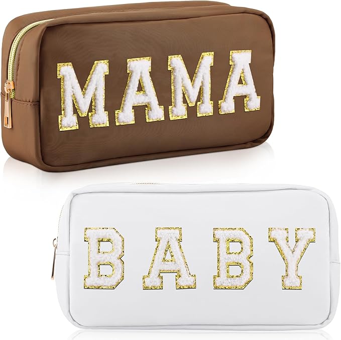 Sanwuta 2 Pieces Mama Gifts Makeup Bag Mom Pouch Birthday Gifts Nylon Cosmetic Bag Mothers Day Appreciation Toiletry Preppy Patch Chenille Letter for Women Her New Mom(Camel, White,Baby and Mama)