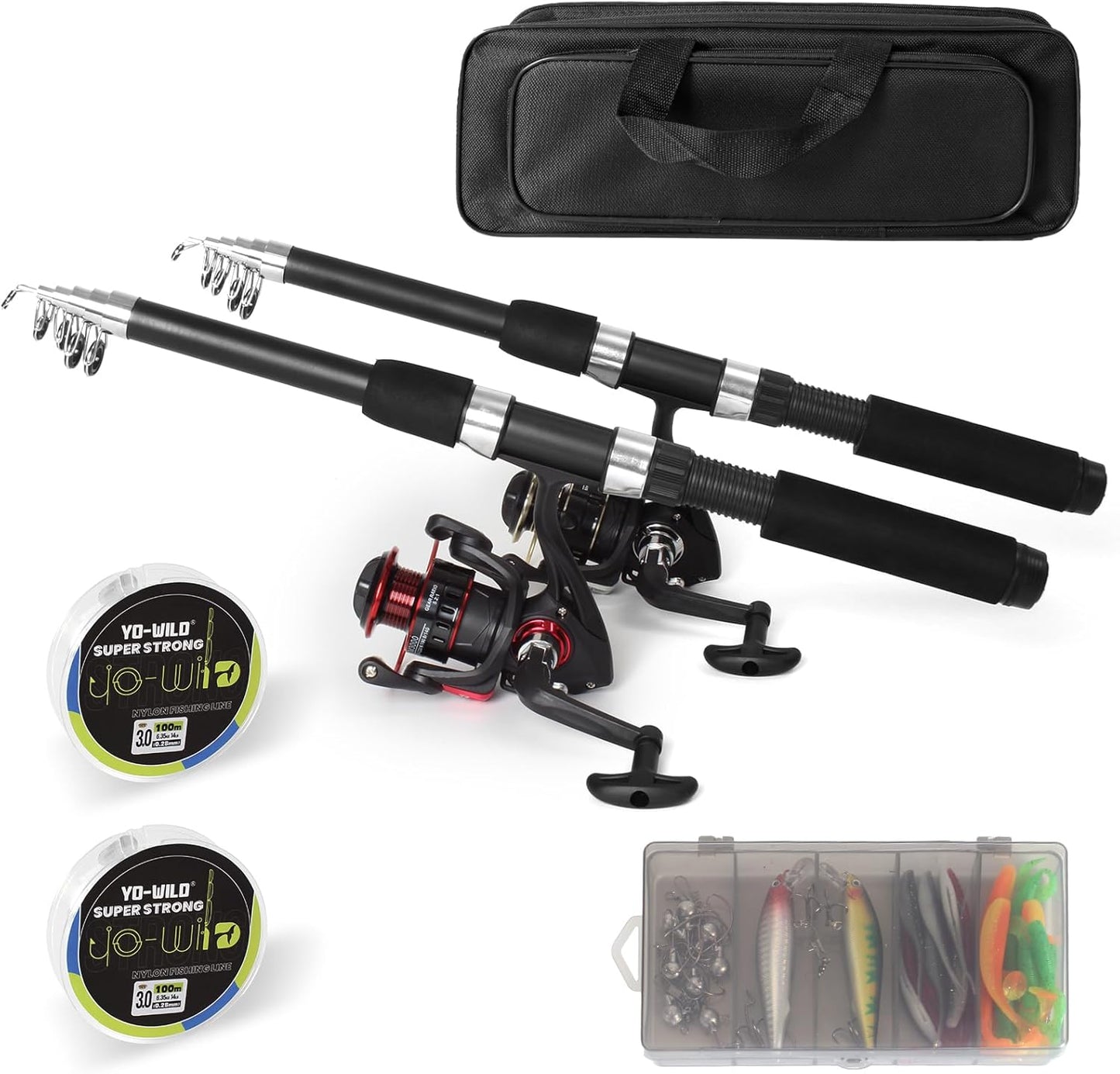 Fishing Rod and Reel Combo Set - 2PCS 6.89ft Collapsible Carbon Fiber Rods with Spinning Reels Fishing Lures Carrier Bag for Travel Saltwater Freshwater Complete Fishing Pole Kit for Anglers