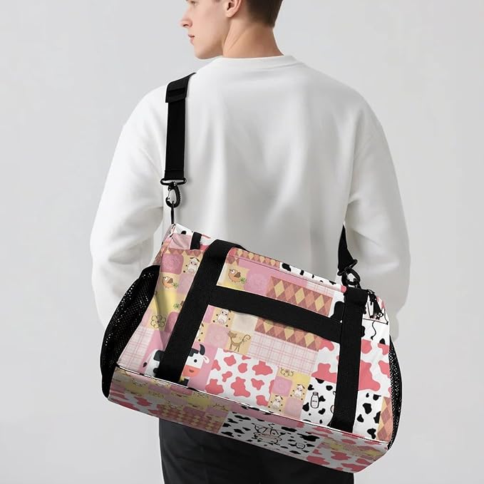 Custom Pink Red Plaid Patchwork Cow Duffel Bag with Name Adjustable Shoulder Strap Pack Handheld Crossbody Travel Bag for Teens Men Women