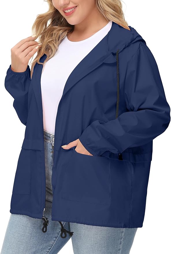 Avoogue Plus Size Raincoat Women Waterproof Rain Jacket Packable Outdoor Hooded Windbreaker