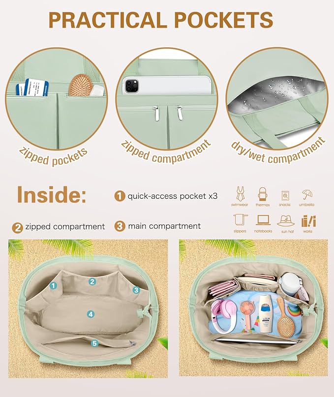 HUANLANG Large Beach Bags for Women Pool Bag with Zipper, Waterproof Sandproof Beach Tote Travel Bag with Wet Pocket | Waterproof, Large capacity, Dry/wet separation, Durable fabric, Cooling function, sandproof