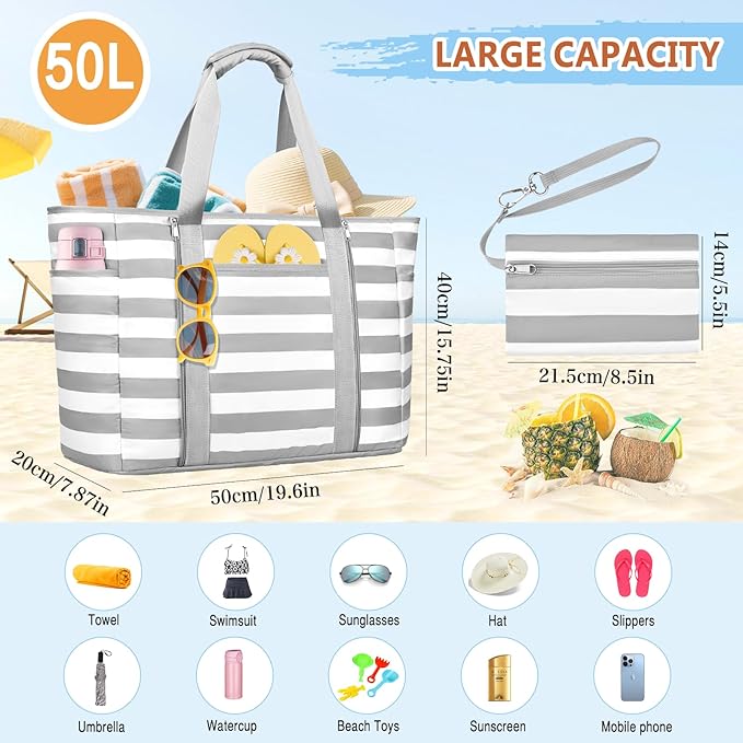 Extra Large Beach Bags for Women, Waterproof Sandproof Beach Tote Bag Foldable Swim Pool Bag with Zipper and Wet Pocket