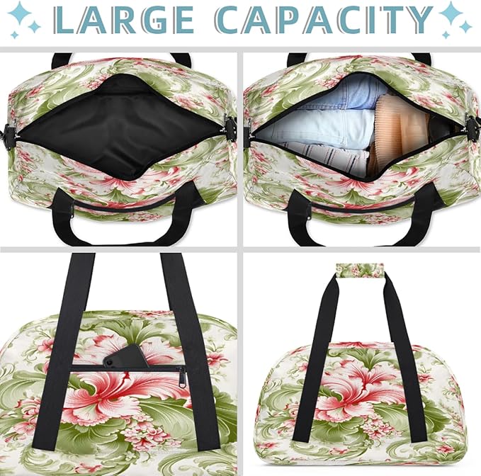 Duffle Bag for Women Men, Pink Green Floral Gym Bag for Travel Sports, Lightweight Waterproof Weekender Overnight Bags with Adjustable Strap