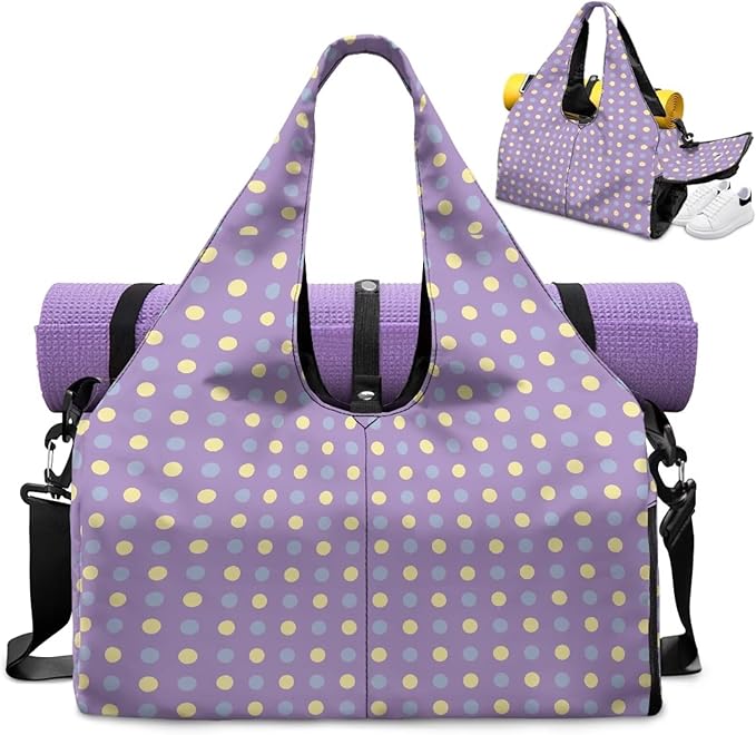 Purple Polka Dots Gym Bag for Women Mini Travel Duffel Bag for Airplane Overnight Hospital Workout Beach Swim Yoga Camping Organizer Lightweight Weekender Bag with Shoe Compartment