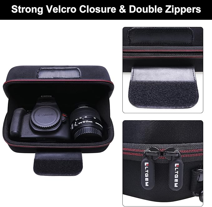 LTGEM Camera Case for Canon EOS Rebel T7 / R50 / R100 / R50 V / T6 / R8 / R10 / RP / SL3 / R5 / T100 DSLR SLR Camera and 18-55mm/18-45mm Lens with Shoulder Strap, Black