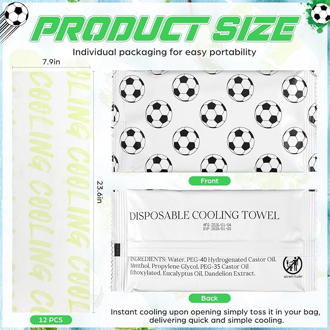 Frienda 12 Count Disposable Cooling Towel, 23.6''x 7.9'' Large Cooling Body Wipes, Baseball Basketball Softball Soccer Ice Towel for Hot Weather, Individually Wrapped for Sport Player (Soccer)