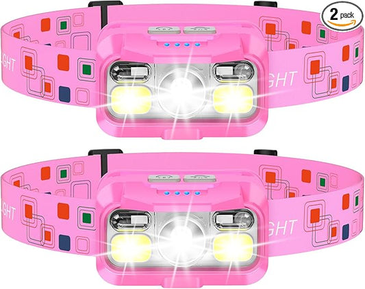LHKNL Headlamp Rechargeable, Lumen Super Bright Motion Sensor Head Lamp Flashlight,2-Pack Waterproof LED Headlight with White Red Light,8 Modes Head Lights for Camping Cycling Running Fishing-Pink
