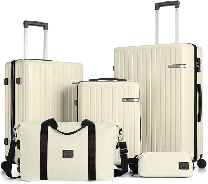 Hoteel 5 Piece Luggage Set (4-YEAR WARRANTY) ABS+PC Hardshell Carry on Suitcase with Spinner Wheels & TSA Lock for Men Women, Rolling Suit Case for Plane, Travel, Business, Off-White (20/24/28/DB/TB)