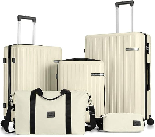 Hoteel 5 Piece Luggage Set (4-YEAR WARRANTY) ABS+PC Hardshell Carry on Suitcase with Spinner Wheels & TSA Lock for Men Women, Rolling Suit Case for Plane, Travel, Business, Off-White (20/24/28/DB/TB)