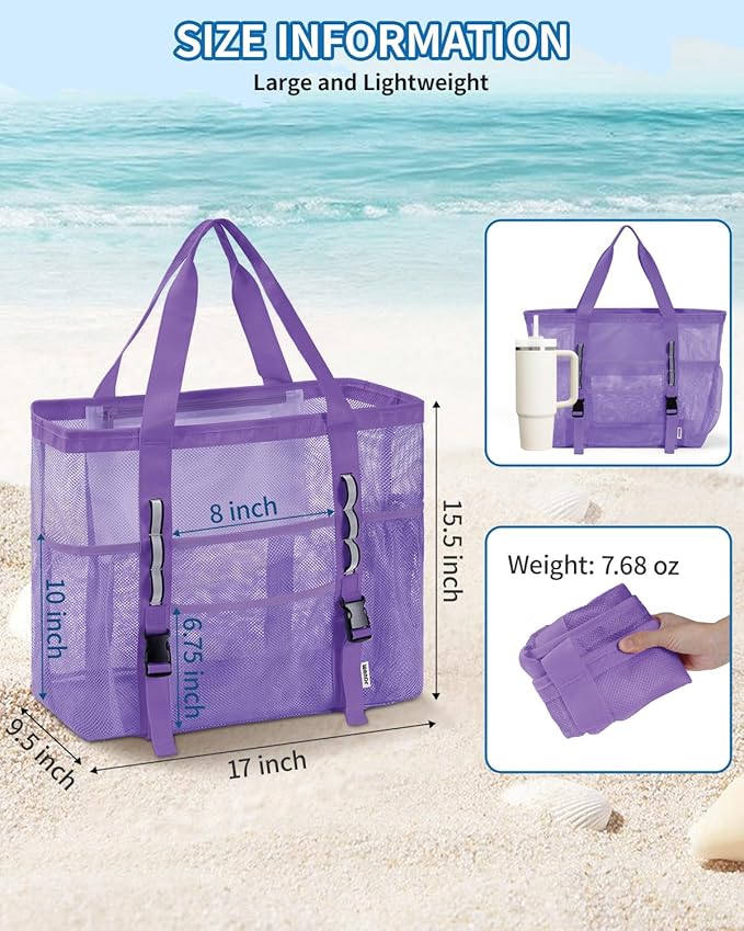 WANDF Mesh Beach Bag for Women, Large Beach Tote Bags with 40oz Tumbler Side Pockets, Family Pool Bag for Swim Toys Towels Cruise Vacation Essentials (Purple) | Breathable