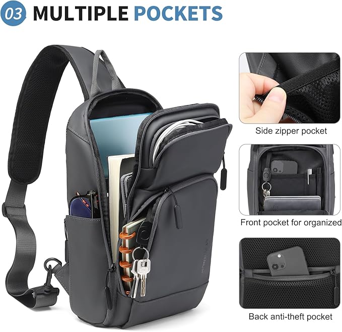Men's Sling Bag, Convertible Anti Theft Sling Backpack, 11" One Shoulder Crossbody Backpack with USB Charging Port for Working Travel Daily, Dark Grey