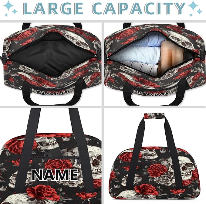 Skeleton Mini Gym Bag 18 inch for Women Men Waterproof Custom Sugar Skull Floral Travel Duffel Bag Carry On Overnight Tote Nurse Bag for Work Fitness Hiking