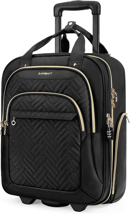 BAGSMART Underseat Carry On Luggage Airline approved,16-inch Small Underseater Softside Travel Suitcase with Wheels Lightweight Overnight Rolling Carry-on Luggage for Women Men Weekender,Black