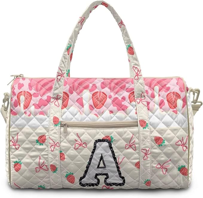COEQINE Pink Quilted Gym Bag for Women Pink Strawberry Floral Bow Initial Name A-Z Personal Item Travel Bag Travel Duffel Bags for Men Women, Large Packable Backpack