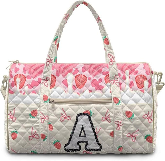COEQINE Pink Quilted Gym Bag for Women Pink Strawberry Floral Bow Initial Name A-Z Personal Item Travel Bag Travel Duffel Bags for Men Women, Large Packable Backpack