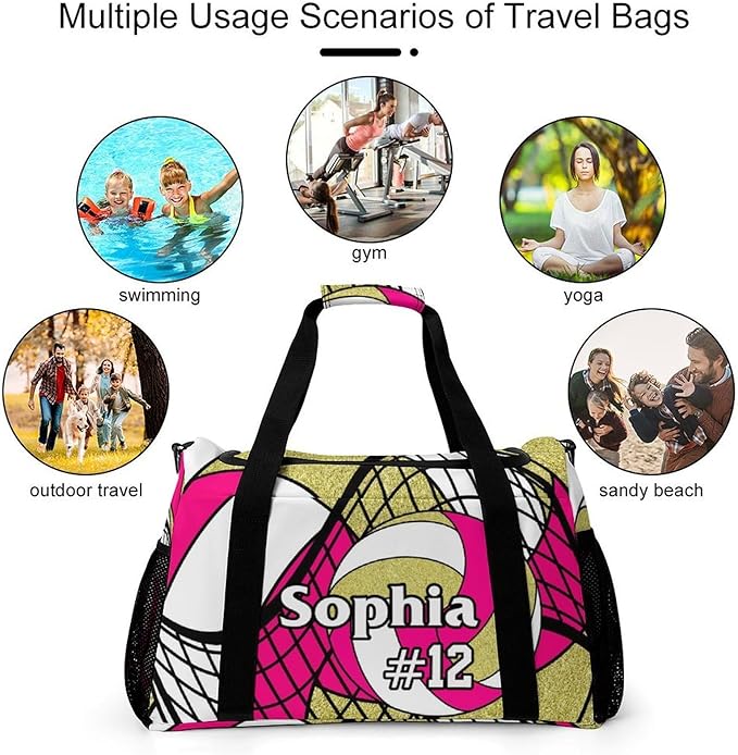 Custom Volleyball Rose Red Gold Duffel Bag with Name Personalized Travel Bags Sport Gym Bag Carry On Weekender Bags for Men Women